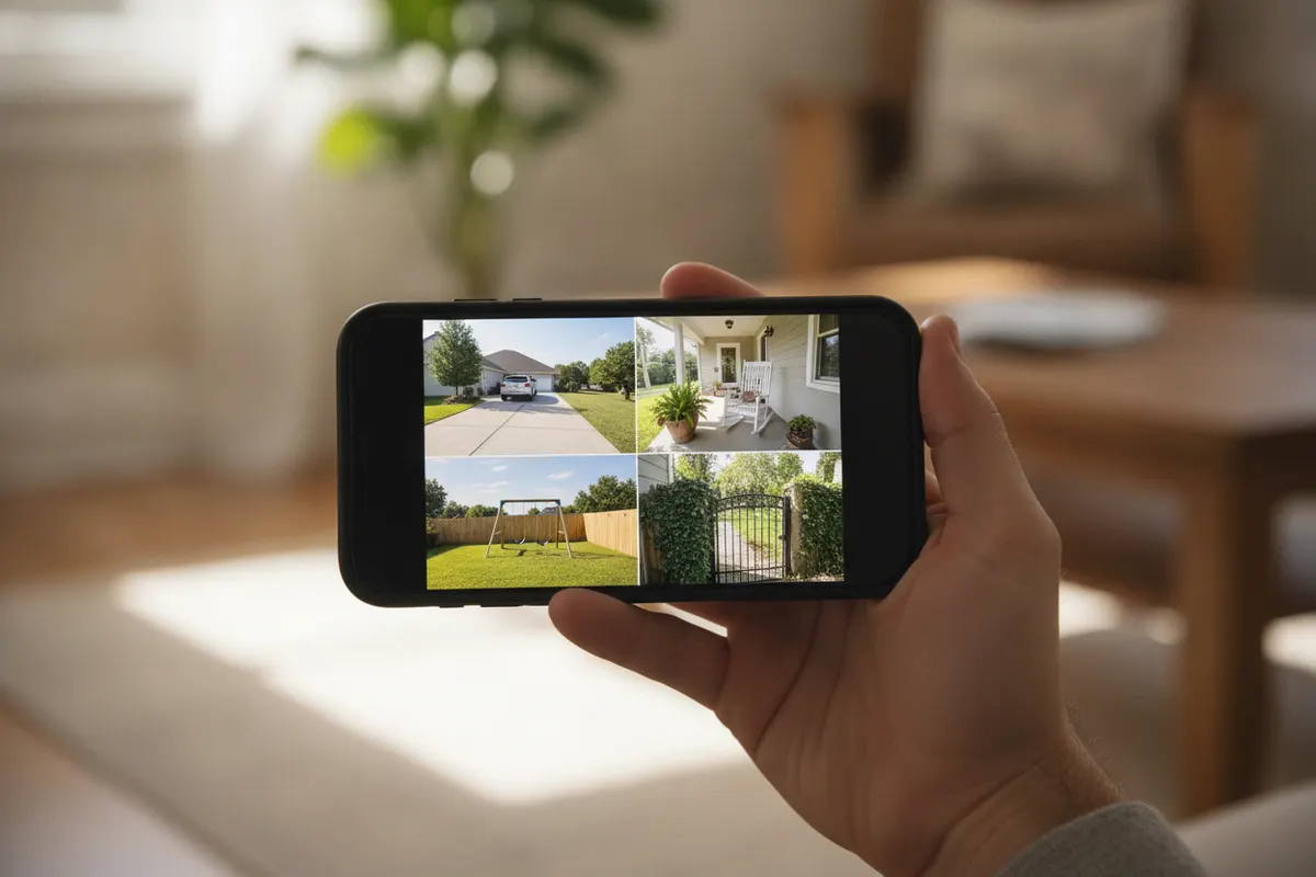 Hand holding a smartphone showing four live security camera views of a driveway, front porch, backyard and side gate