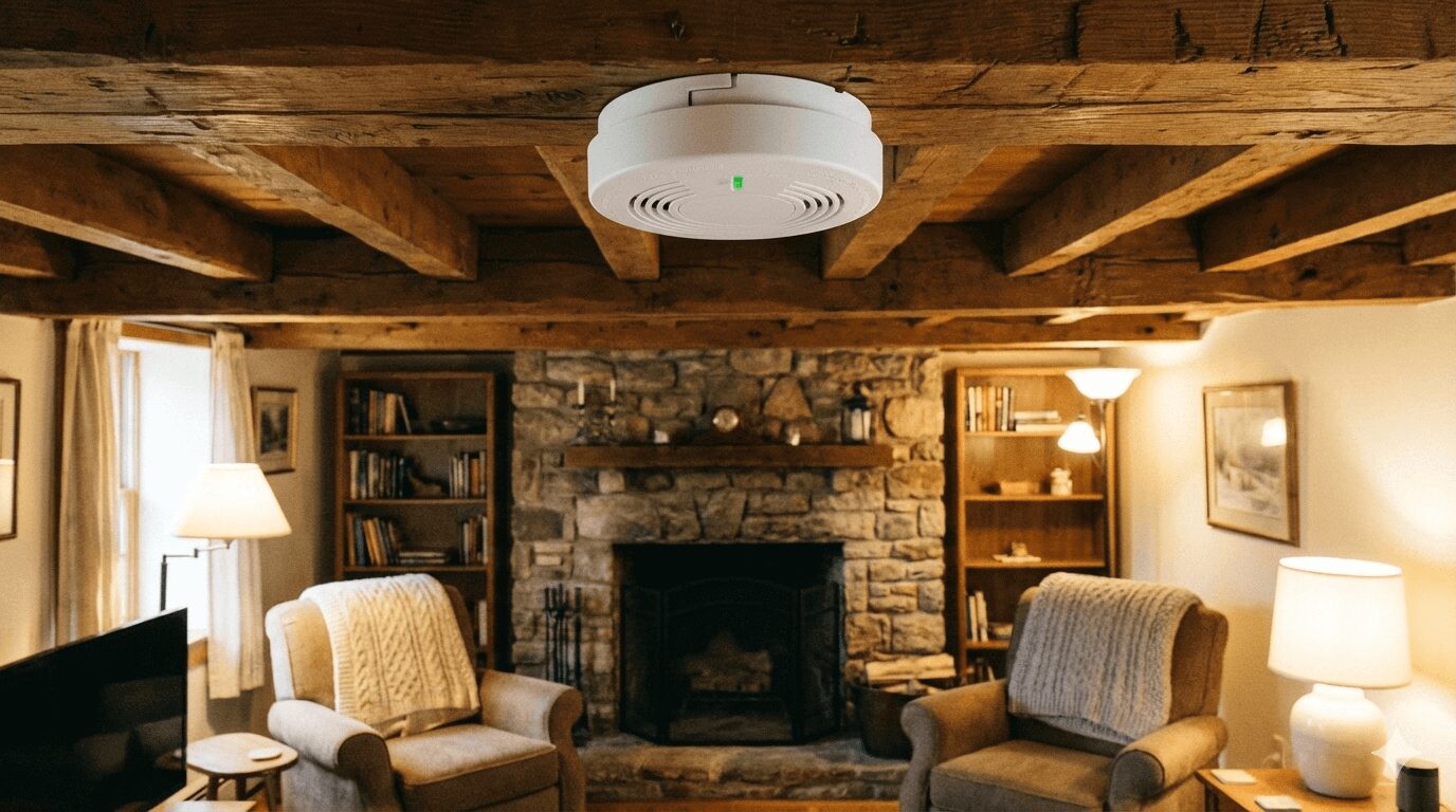 Smoke detector in cozy living room